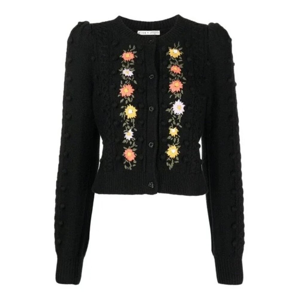 ALICE + OLIVIA Kitty Embroidered Puff Sleeve Cardigan in Black Size S